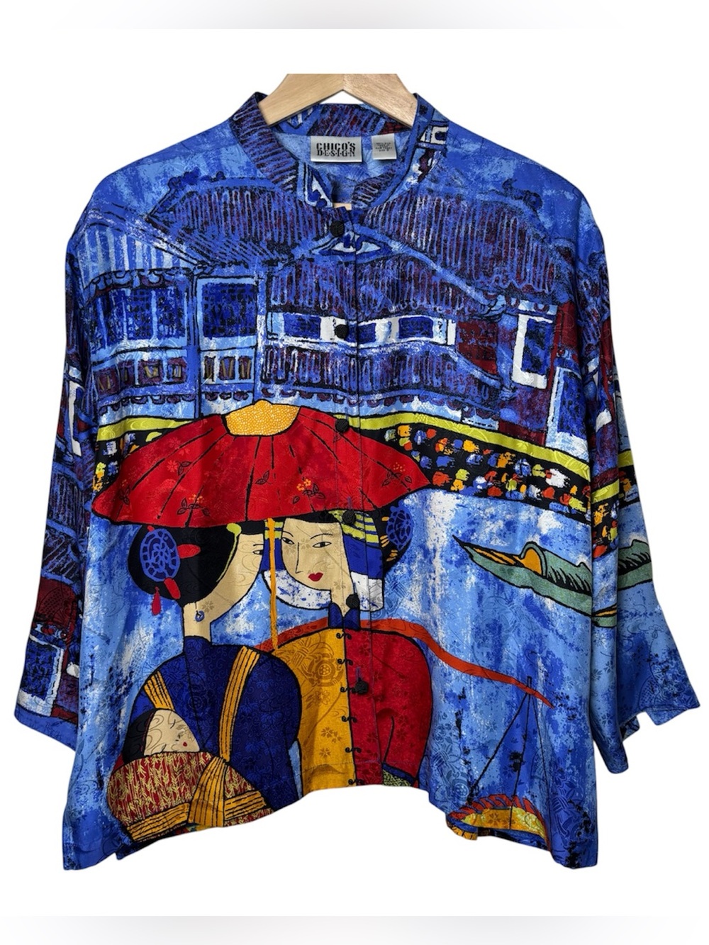 VTG Chicos Design 100% Silk Blouse Asian Women Size 2 Large Geisha Art To Wear